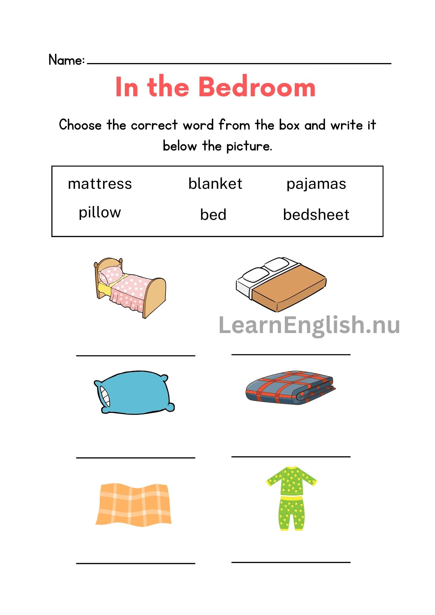 اثاث غرفة النوم بالانجليزي بالصور والصوت