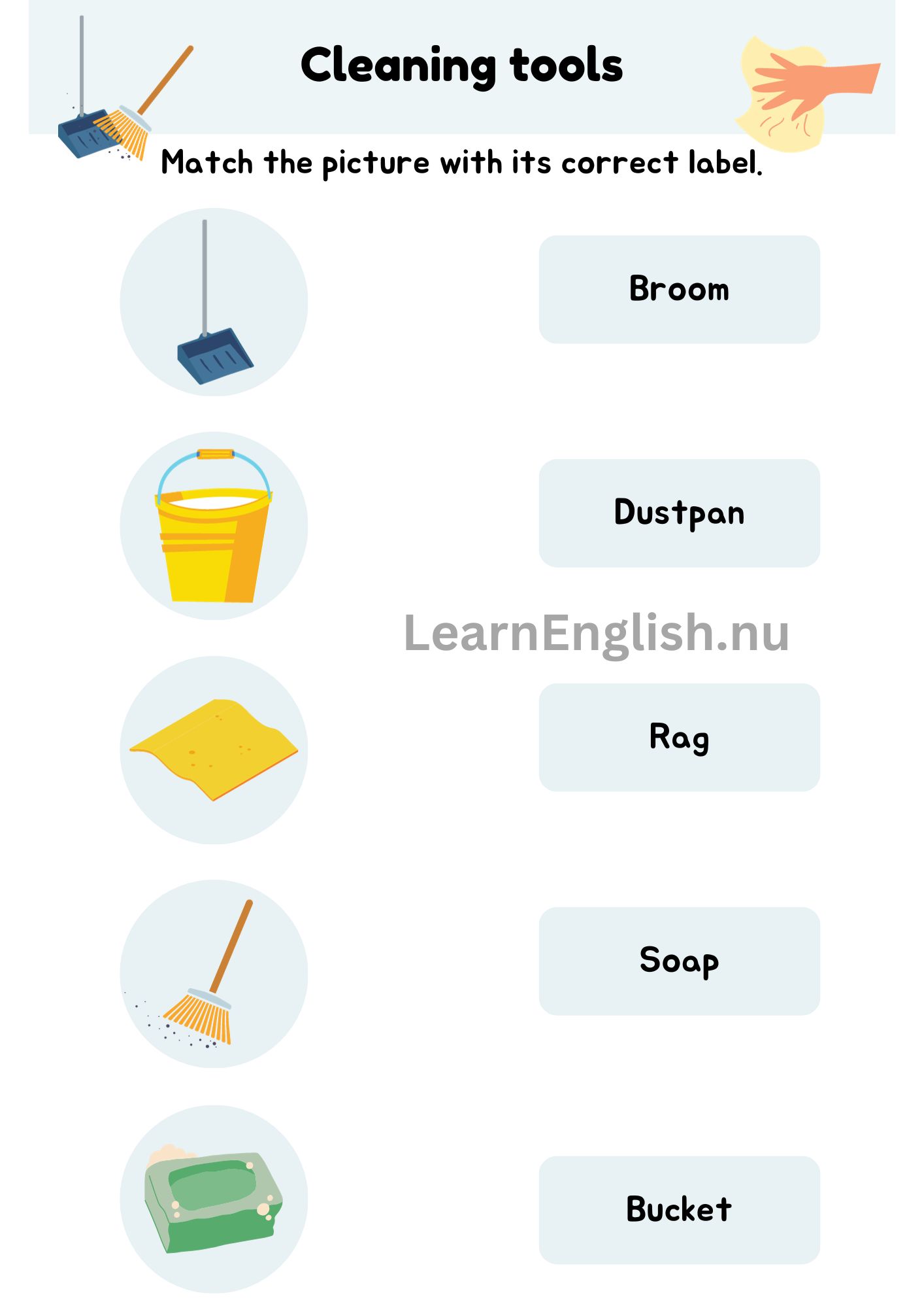 اسماء ادوات التنظيف بالانجليزي بالصور والصوت