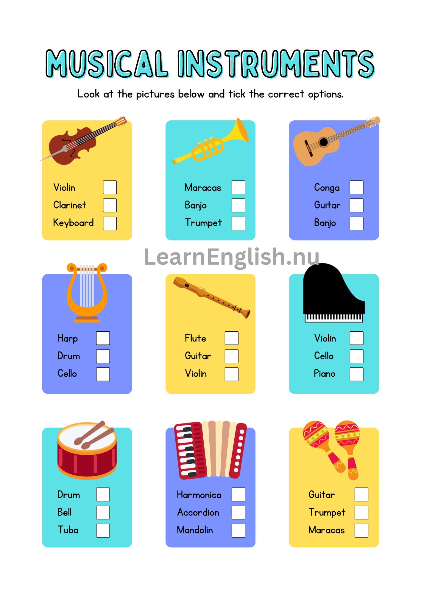 اسماء الالات الموسيقية بالانجليزي بالصور والصوت