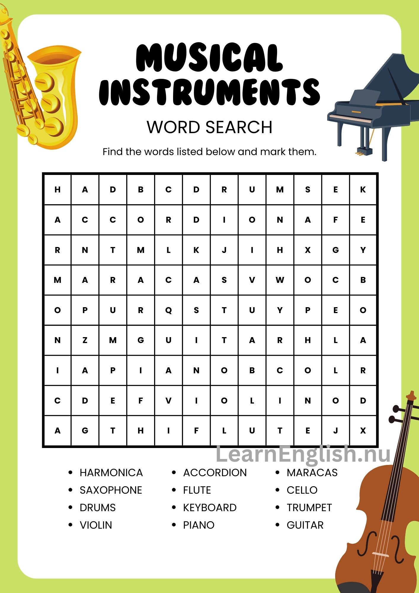 اسماء الالات الموسيقية بالانجليزي بالصور والصوت