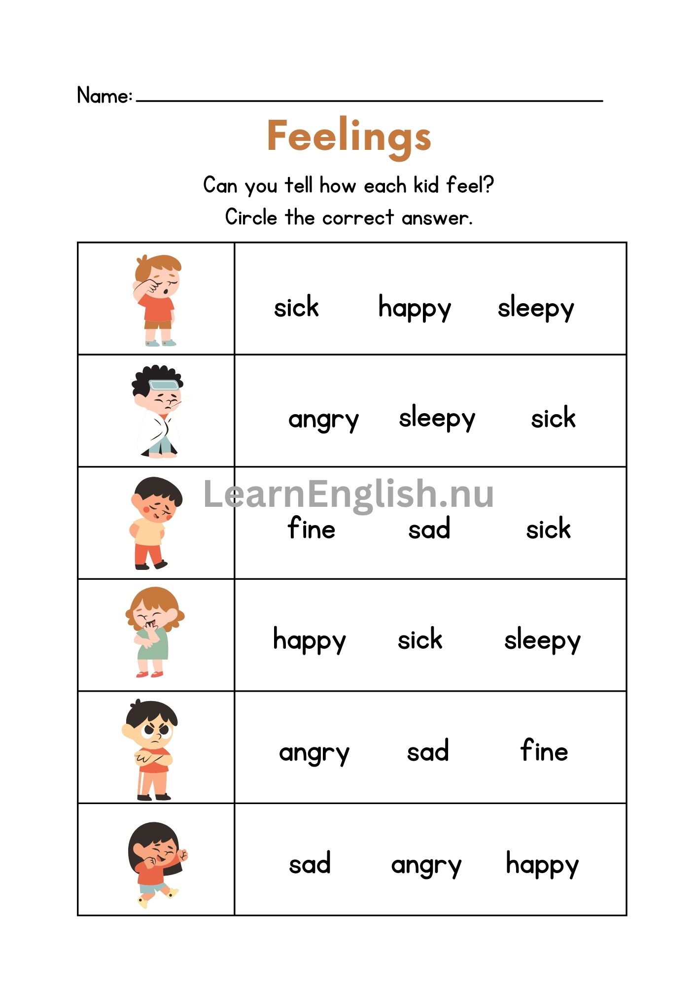 المشاعر بالانجليزي بالصور والصوت