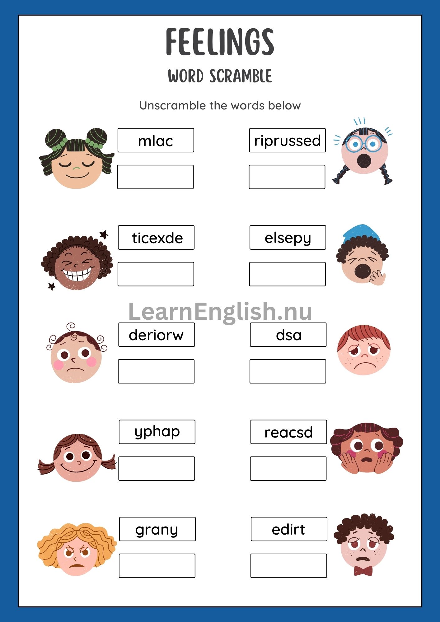 المشاعر بالانجليزي بالصور والصوت