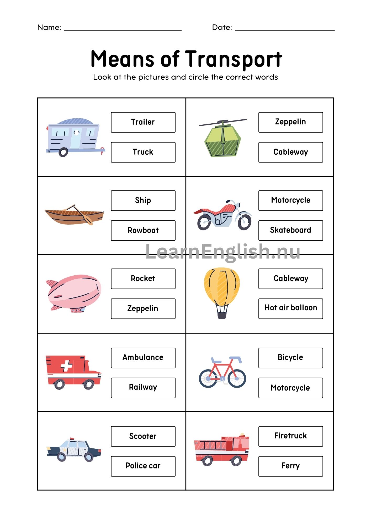 وسائل المواصلات بالانجليزي بالصور والصوت
