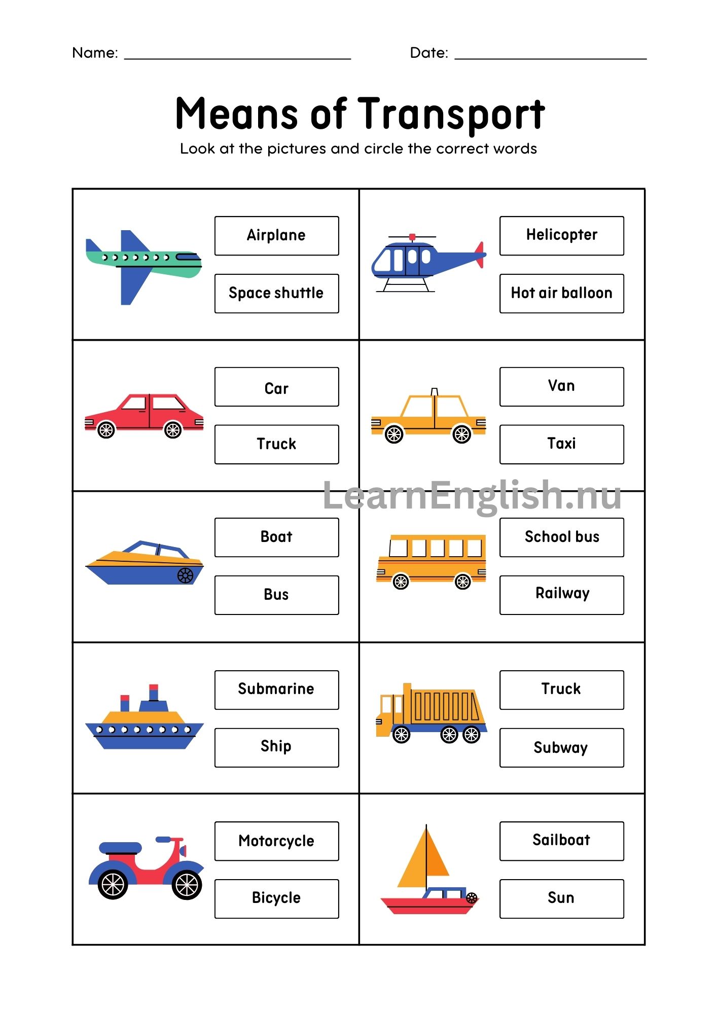 وسائل المواصلات بالانجليزي بالصور والصوت
