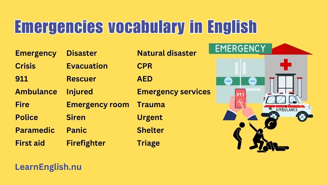 First Aid Vocabulary and Emergency Words in English with Picture